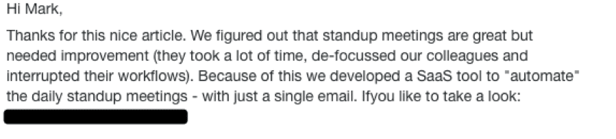 A comment left on this article by a SaaS vendor, offering a tool that automates the daily standup with a single email