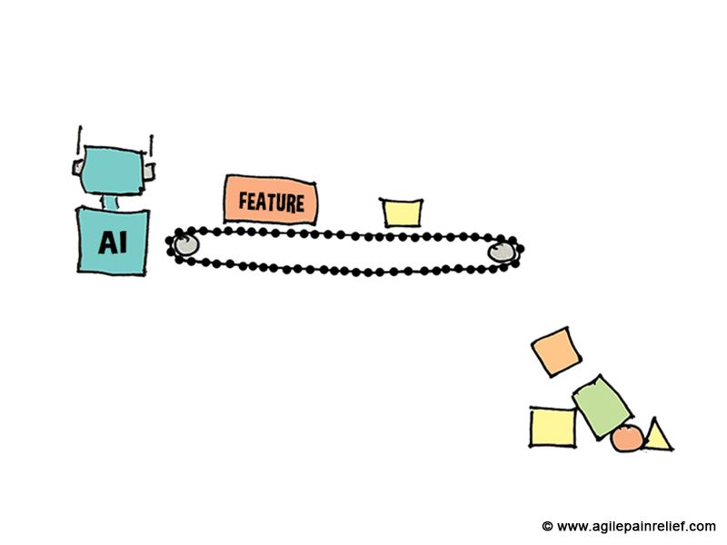 An AI feeds features onto a conveyor belt faster than they can land, so the work piles up and topples off the end